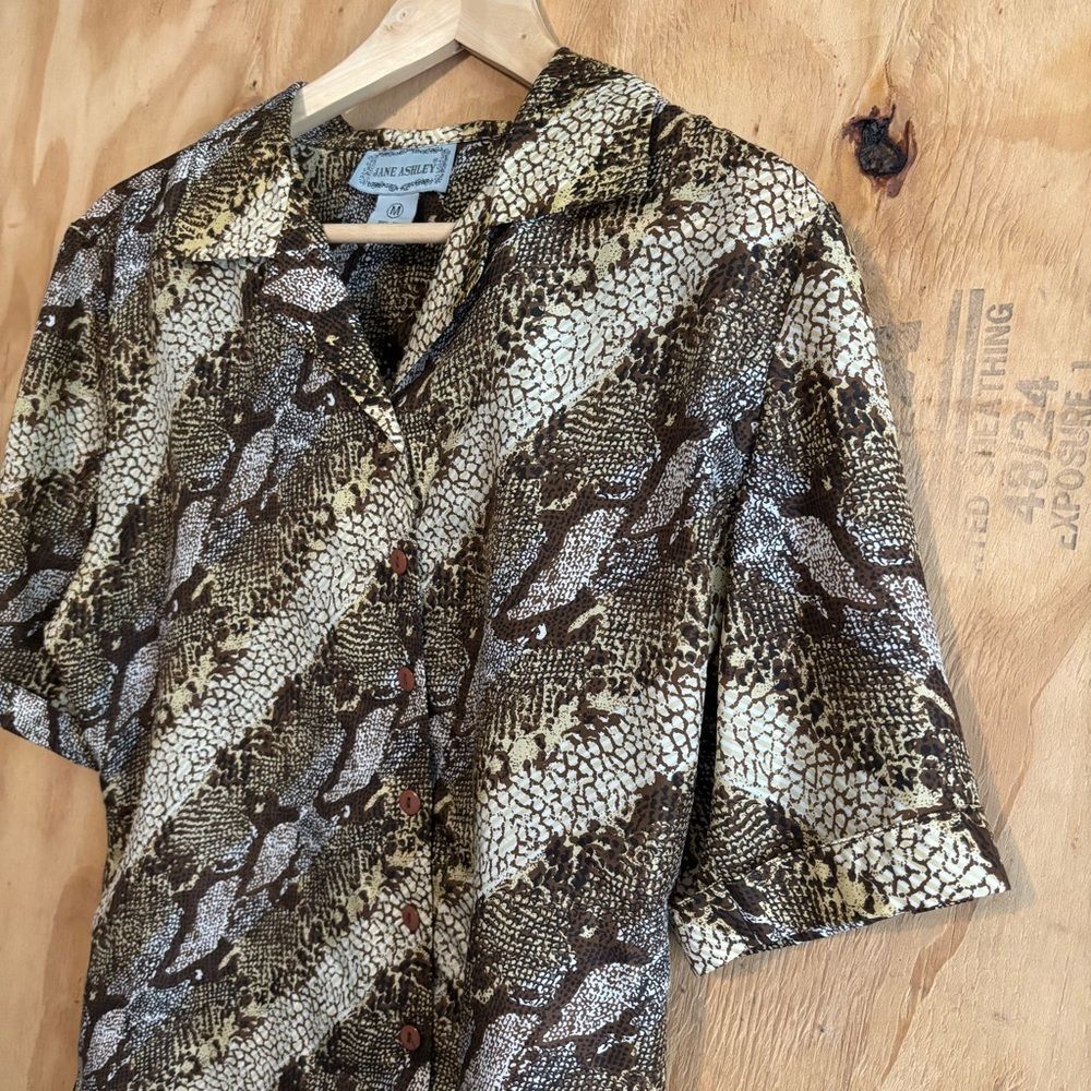 Vintage Jane Ashley 100% Silk Snakeskin Print Button Up Shirt Sz M - Picture 3 of 4